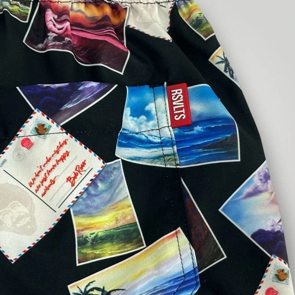 RSVLTS Bob Ross Postcards Swim Trunks Shorts Men's Size MEDIUM‎ Mesh Lined